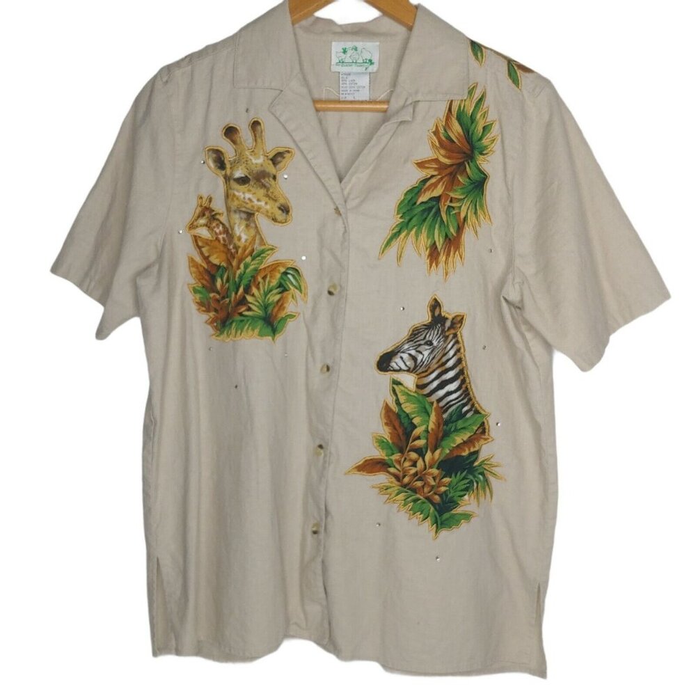 The Quacker Factory Womens L Blouse Button Up Giraffe Zebra Tiger Linen Shirt